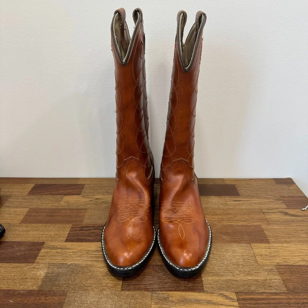 Bronco Womens Western Boots 8.5 Leather Made‎ in USA Mid Calf Cowboy Brown
